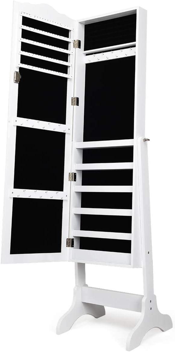 image:imageGiantex Jewelry Armoire Organizer with Full Length Mirror 14 LEDs Floor Standing Jewelry Cabinet with 2 Drawers 4 Adjustable Angles Lockable Jewelry Storage Box Cabinet BrownWhite