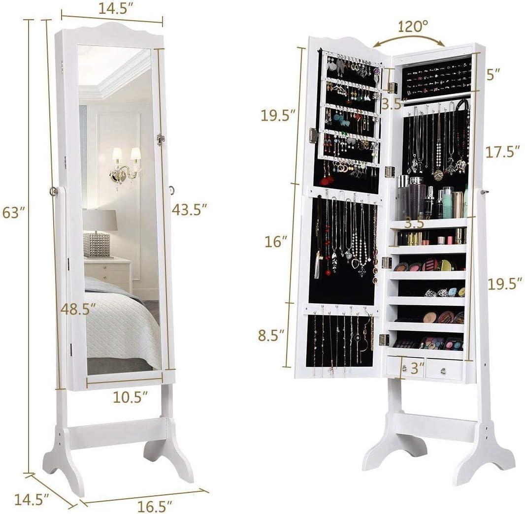 image:imageGiantex Jewelry Armoire Organizer with Full Length Mirror 14 LEDs Floor Standing Jewelry Cabinet with 2 Drawers 4 Adjustable Angles Lockable Jewelry Storage Box Cabinet BrownWhite