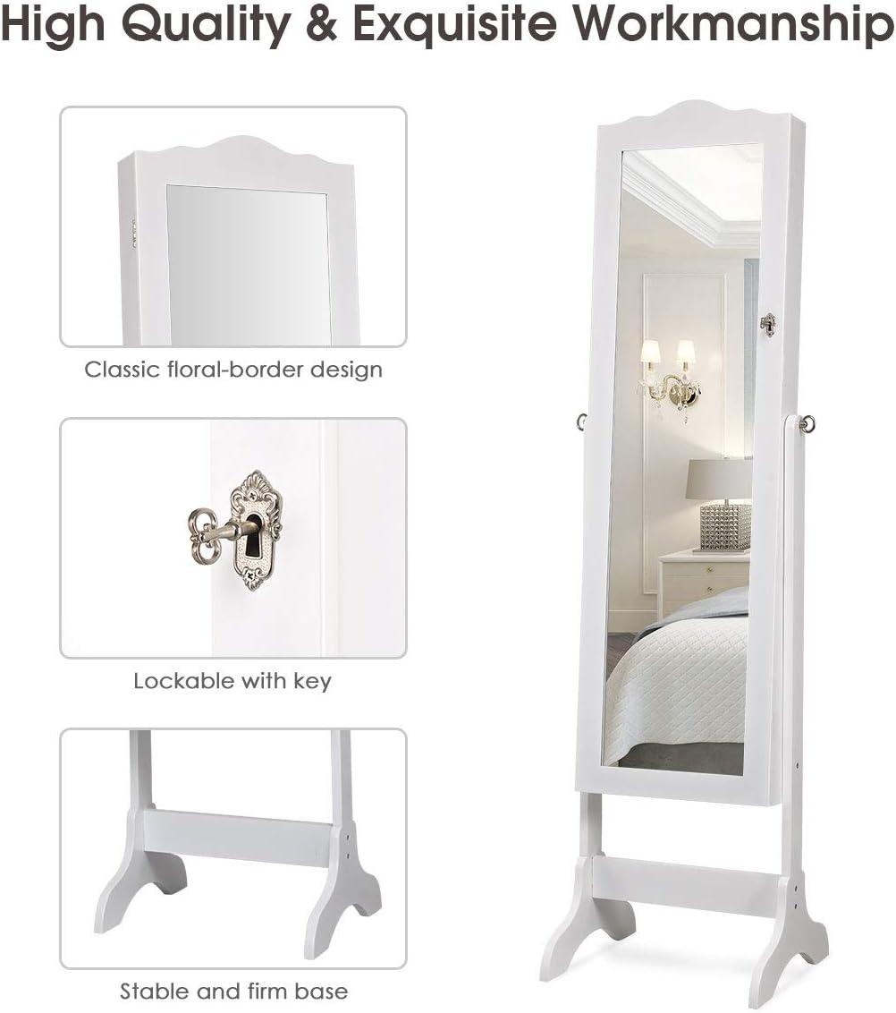 image:imageGiantex Jewelry Armoire Organizer with Full Length Mirror 14 LEDs Floor Standing Jewelry Cabinet with 2 Drawers 4 Adjustable Angles Lockable Jewelry Storage Box Cabinet BrownWhite