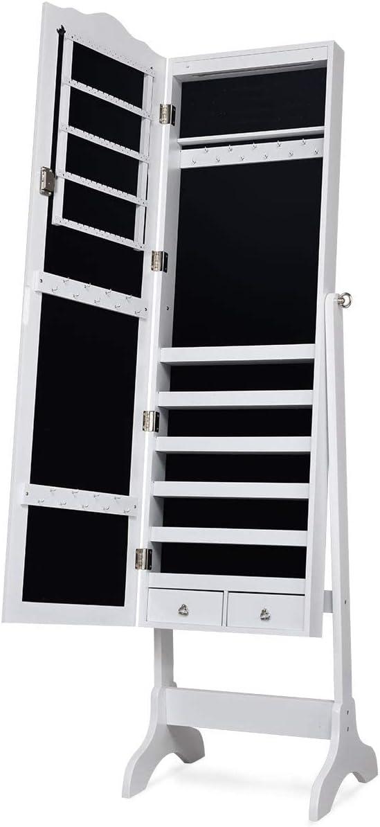 image:imageGiantex Jewelry Armoire Organizer with Full Length Mirror 14 LEDs Floor Standing Jewelry Cabinet with 2 Drawers 4 Adjustable Angles Lockable Jewelry Storage Box Cabinet BrownWhite