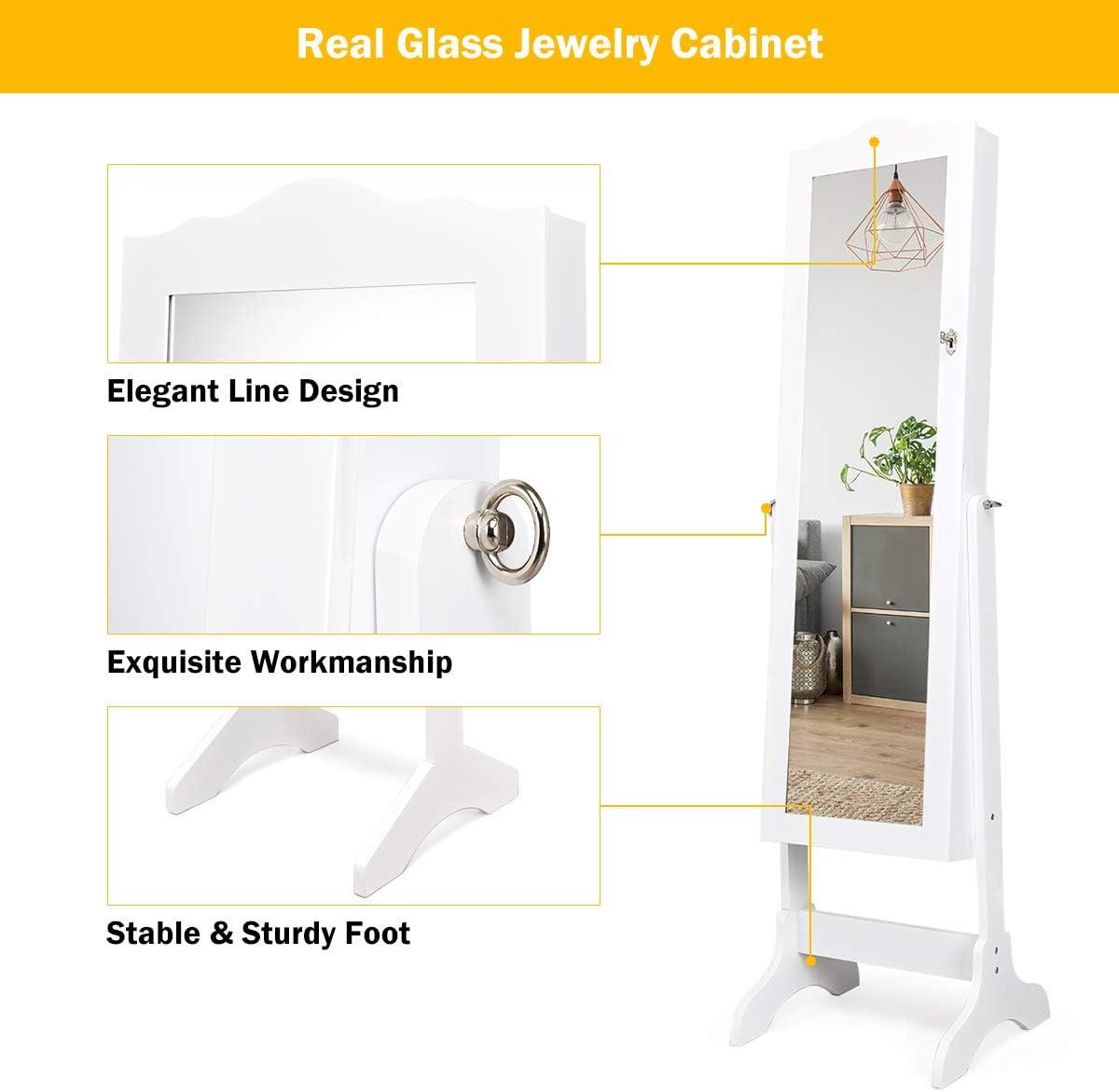 image:imageGiantex Jewelry Armoire Organizer with Full Length Mirror 14 LEDs Floor Standing Jewelry Cabinet with 2 Drawers 4 Adjustable Angles Lockable Jewelry Storage Box Cabinet BrownWhite
