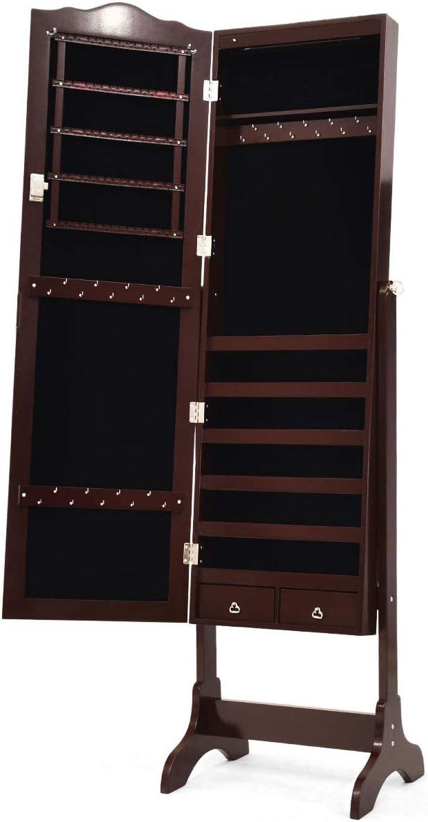 image:imageGiantex Jewelry Armoire Organizer with Full Length Mirror 14 LEDs Floor Standing Jewelry Cabinet with 2 Drawers 4 Adjustable Angles Lockable Jewelry Storage Box Cabinet BrownBrown