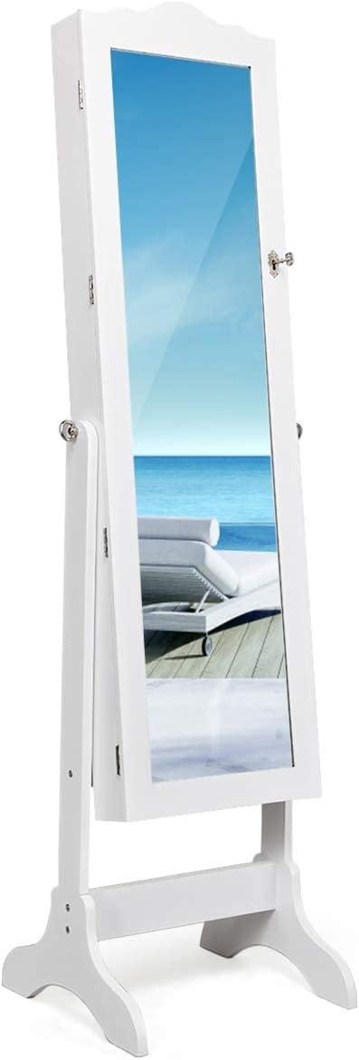 image:imageGiantex Jewelry Armoire Organizer with Full Length Mirror 14 LEDs Floor Standing Jewelry Cabinet with 2 Drawers 4 Adjustable Angles Lockable Jewelry Storage Box Cabinet BrownWhite