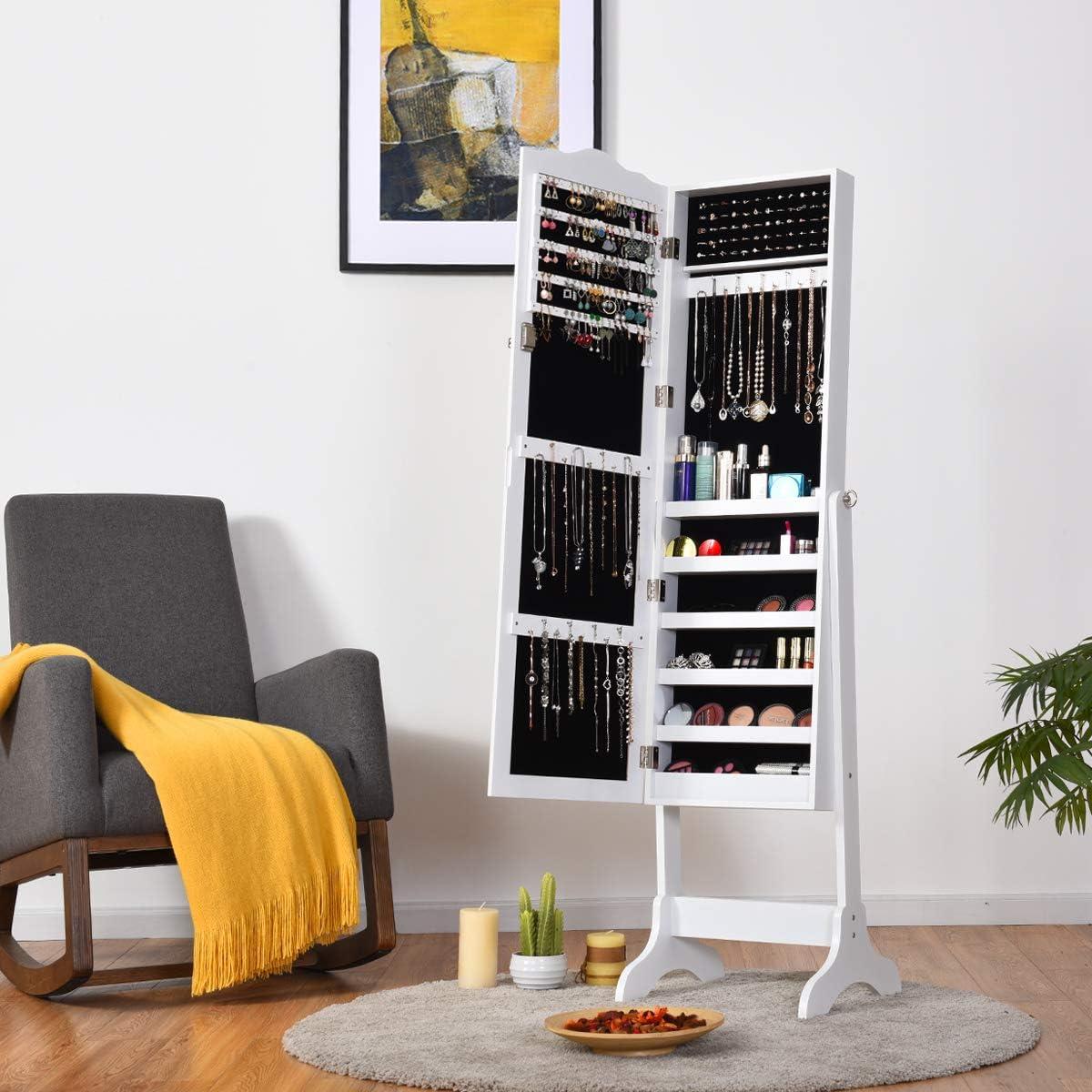 image:imageGiantex Jewelry Armoire Organizer with Full Length Mirror 14 LEDs Floor Standing Jewelry Cabinet with 2 Drawers 4 Adjustable Angles Lockable Jewelry Storage Box Cabinet BrownWhite