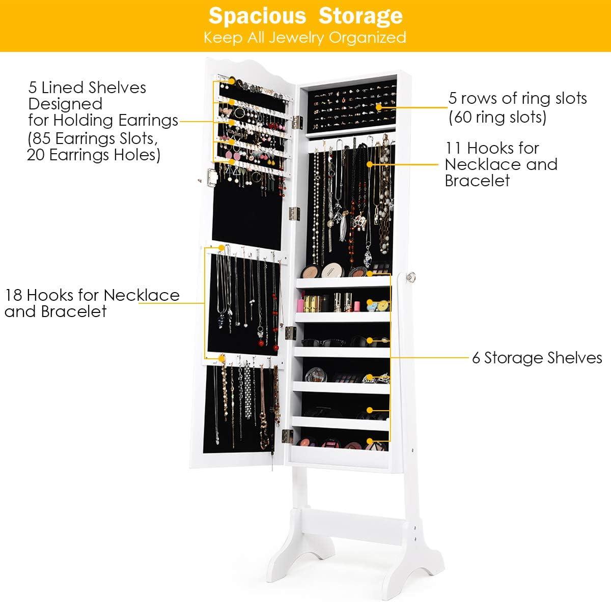 image:imageGiantex Jewelry Armoire Organizer with Full Length Mirror 14 LEDs Floor Standing Jewelry Cabinet with 2 Drawers 4 Adjustable Angles Lockable Jewelry Storage Box Cabinet BrownWhite