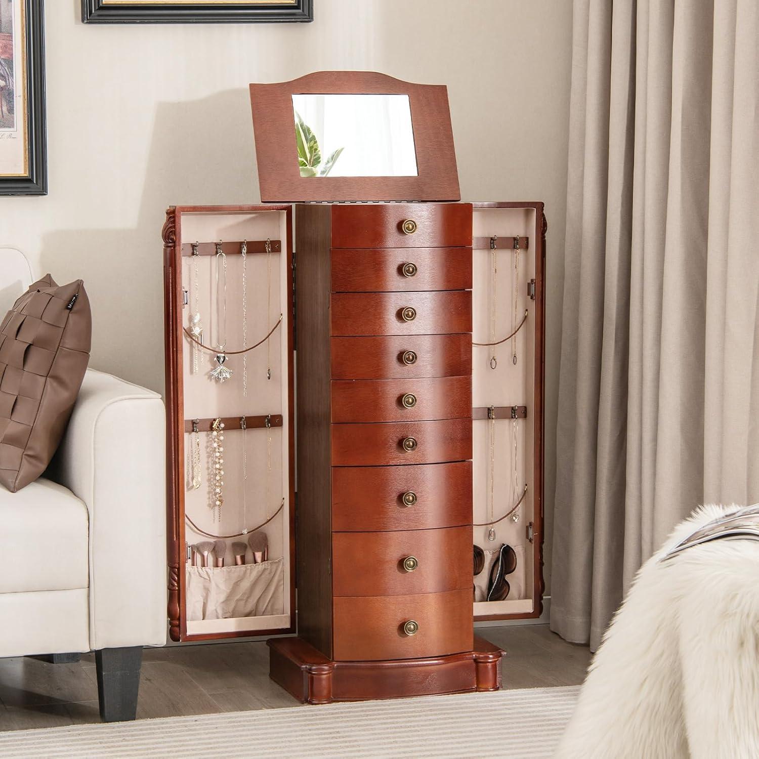 image:imageGiantex Large Jewelry Armoire Cabinet with 8 Drawers amp 2 Swing Doors 16 Hooks Top Mirror Boxes Standing Cambered Front Storage Chest Stand Large Standing Jewelry Armoire Dark Walnut