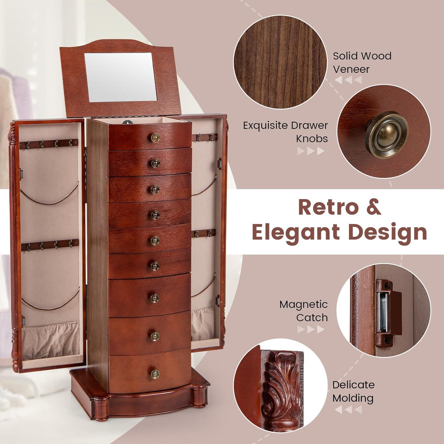 image:imageGiantex Large Jewelry Armoire Cabinet with 8 Drawers amp 2 Swing Doors 16 Hooks Top Mirror Boxes Standing Cambered Front Storage Chest Stand Large Standing Jewelry Armoire Dark Walnut