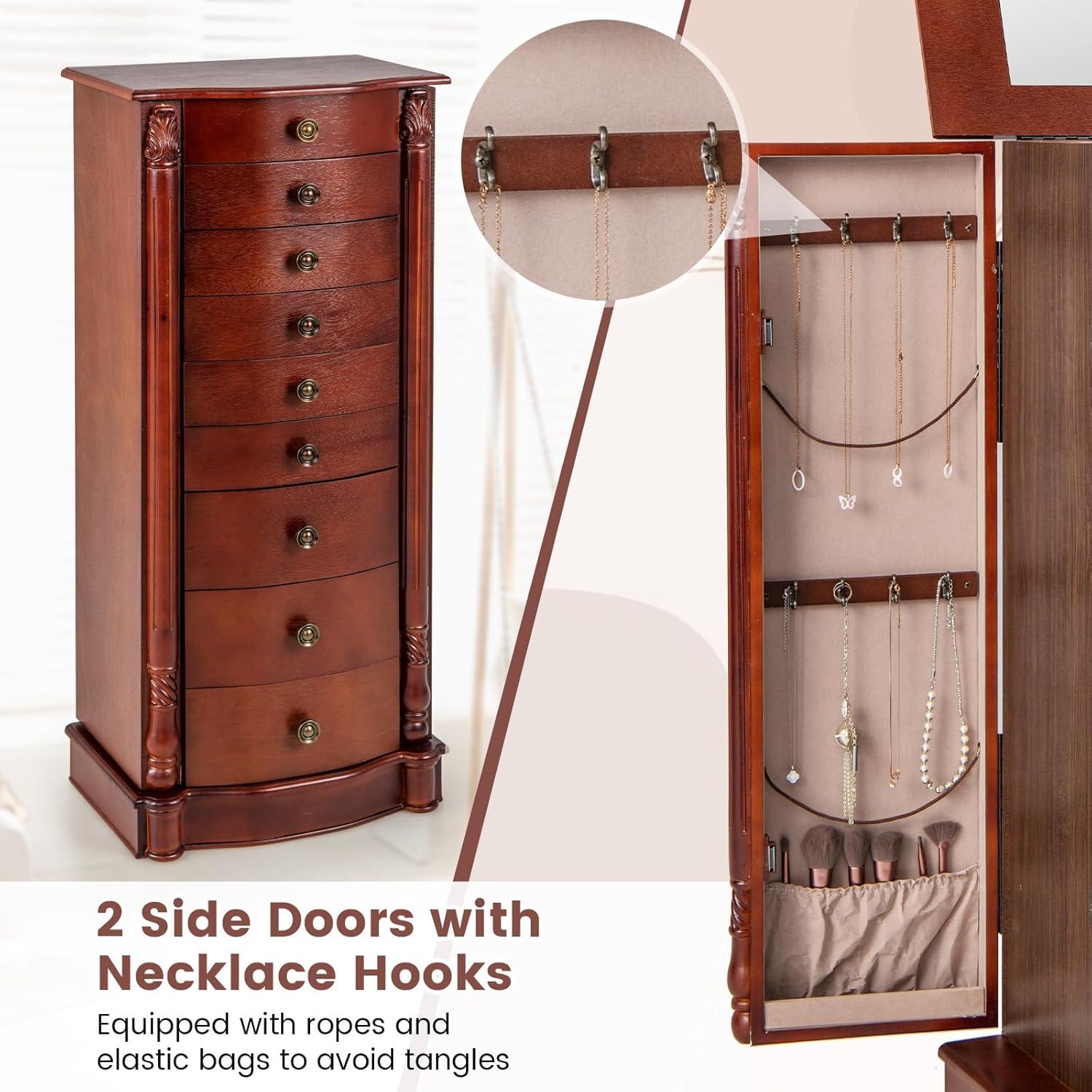 image:imageGiantex Large Jewelry Armoire Cabinet with 8 Drawers amp 2 Swing Doors 16 Hooks Top Mirror Boxes Standing Cambered Front Storage Chest Stand Large Standing Jewelry Armoire Dark Walnut
