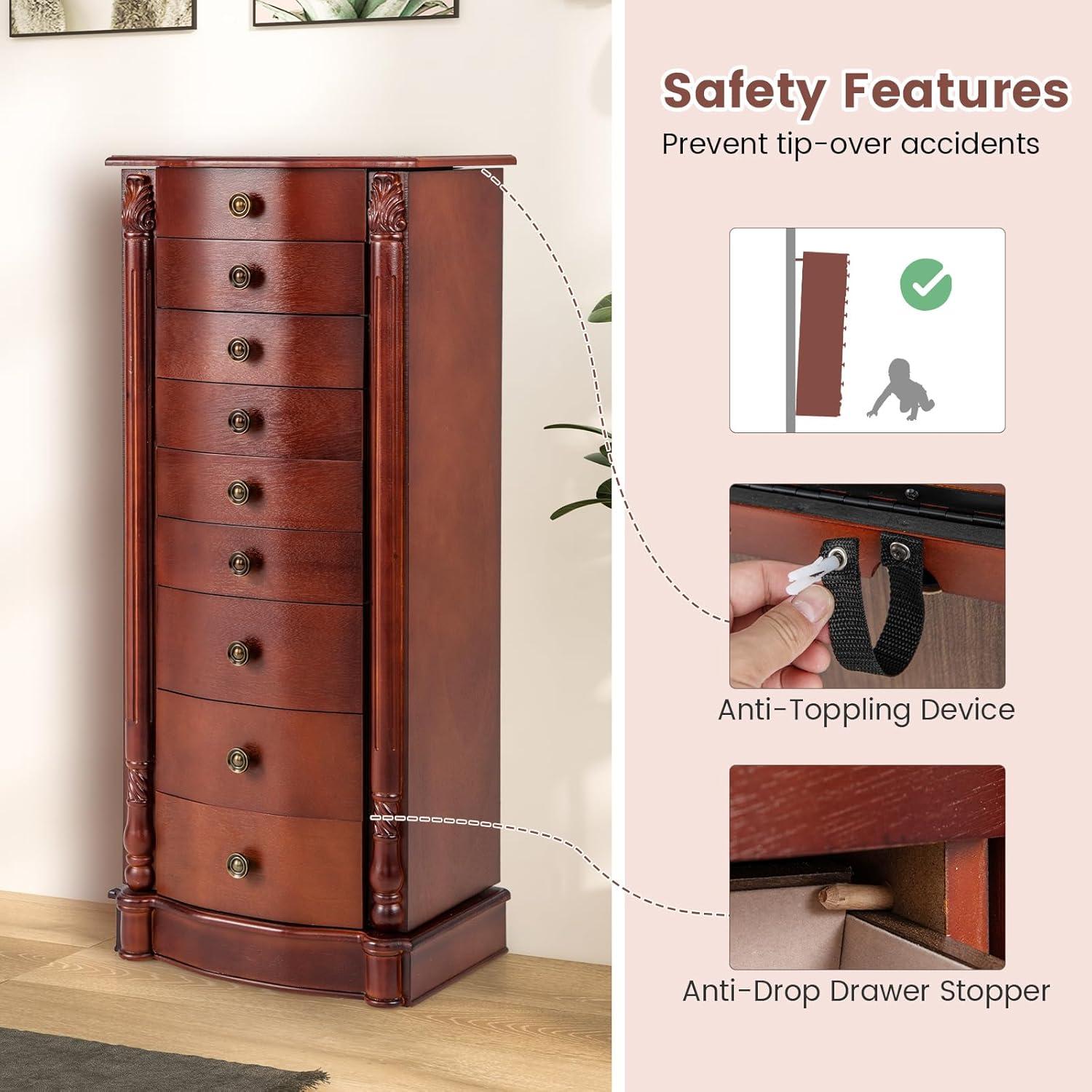 image:imageGiantex Large Jewelry Armoire Cabinet with 8 Drawers amp 2 Swing Doors 16 Hooks Top Mirror Boxes Standing Cambered Front Storage Chest Stand Large Standing Jewelry Armoire Dark Walnut