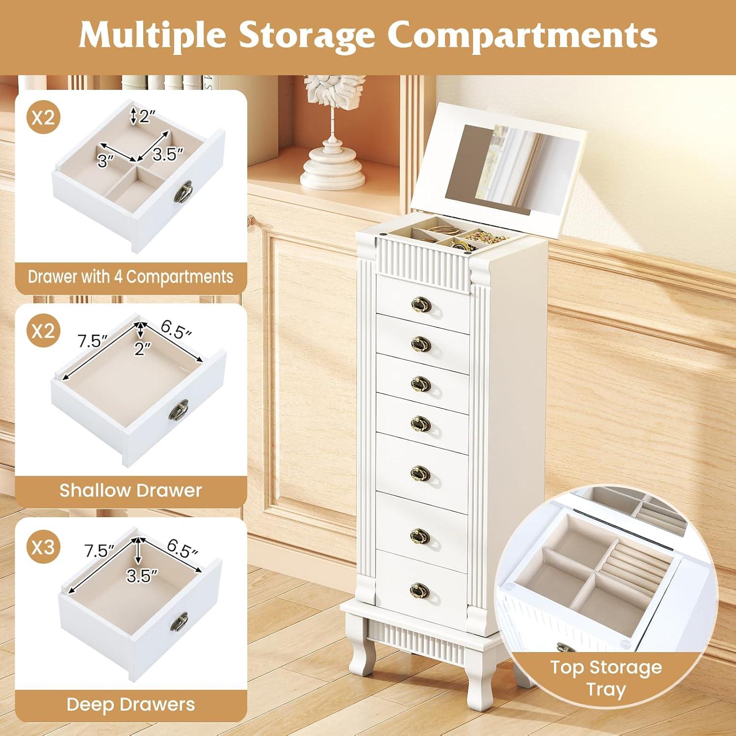 image:imageGiantex Standing Jewelry Cabinet with 7 Drawers FlipTop Mirror 2 Side Doors with 12 Necklace Hooks Divided Ring Compartments VelvetLined Jewelry Armoire Organizer Chest CherryWhite