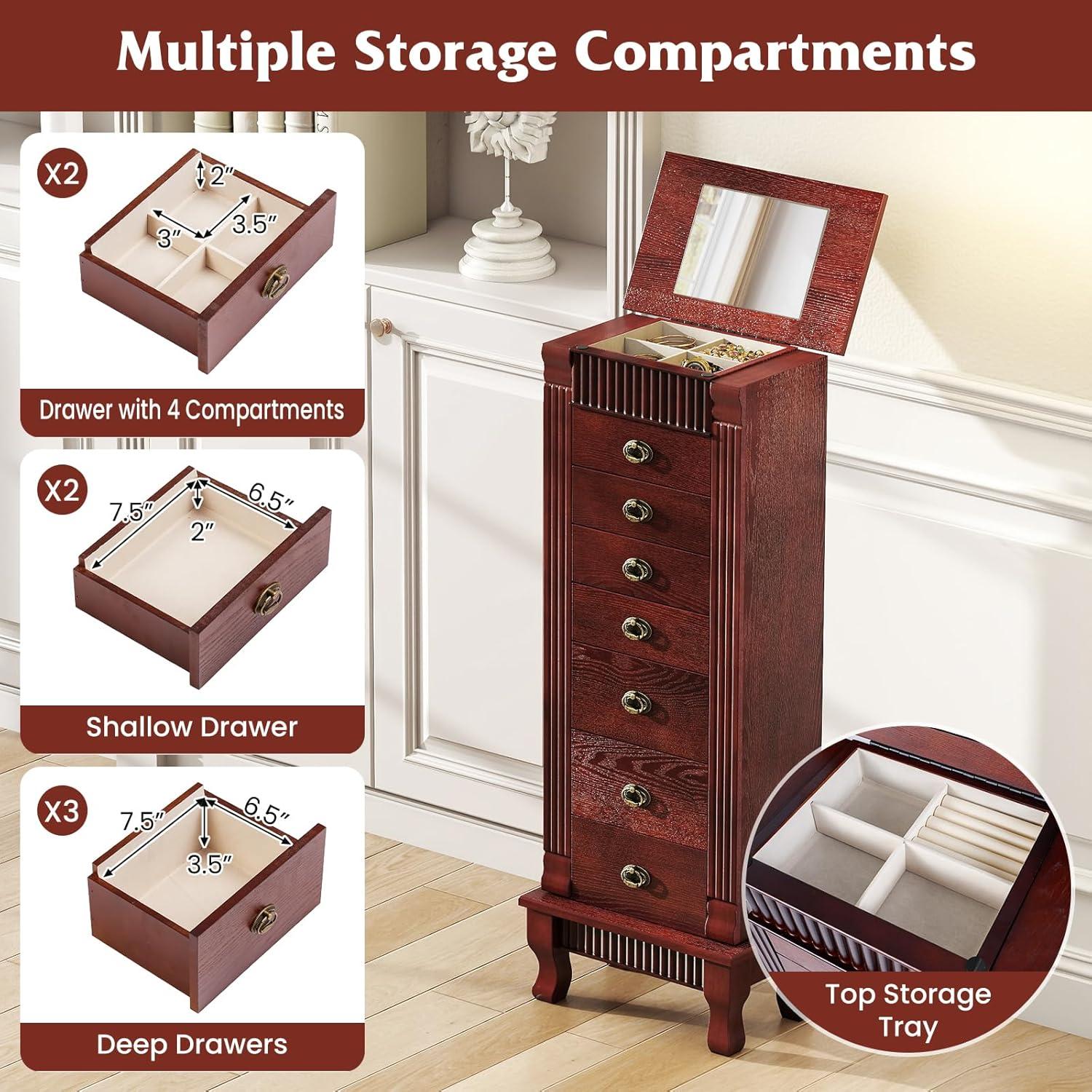 image:imageGiantex Standing Jewelry Cabinet with 7 Drawers FlipTop Mirror 2 Side Doors with 12 Necklace Hooks Divided Ring Compartments VelvetLined Jewelry Armoire Organizer Chest CherryCherry
