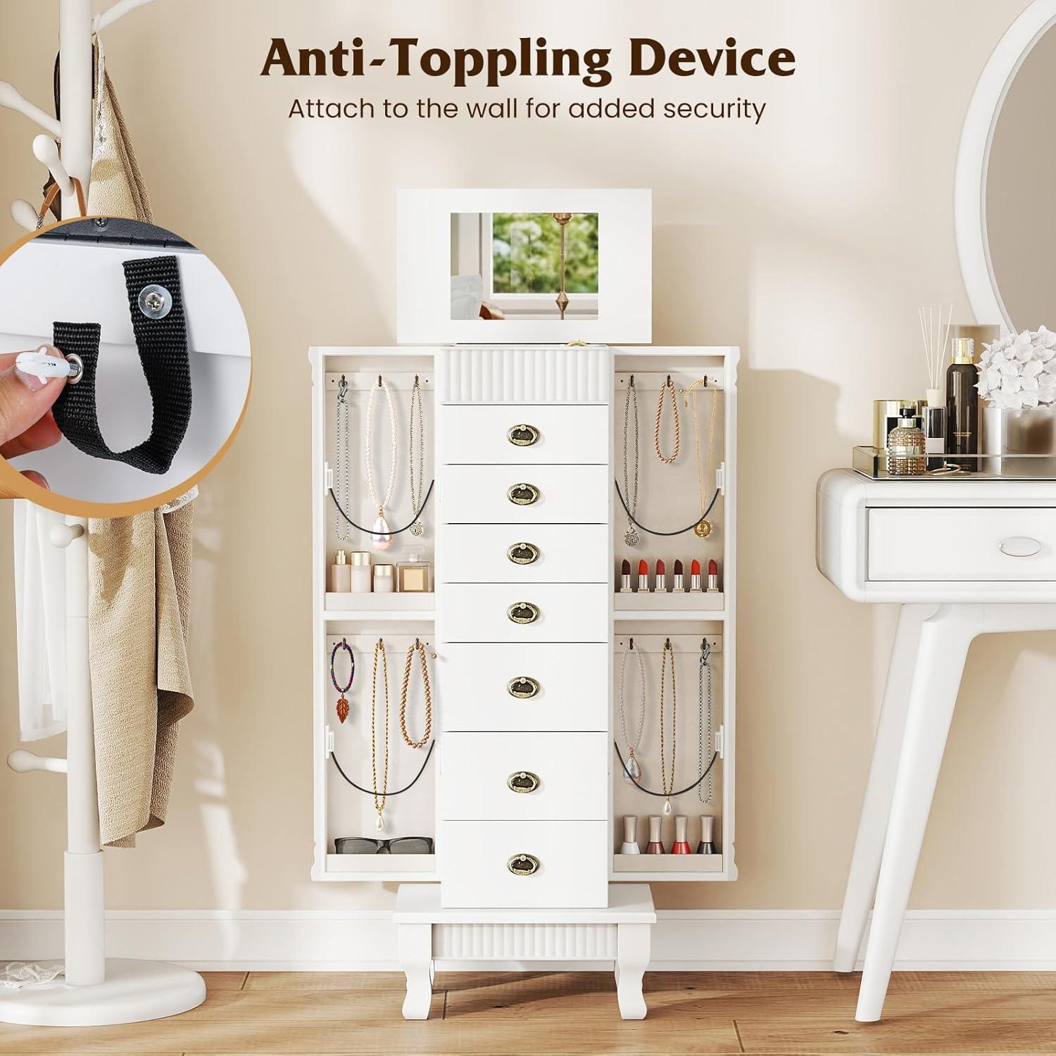 image:imageGiantex Standing Jewelry Cabinet with 7 Drawers FlipTop Mirror 2 Side Doors with 12 Necklace Hooks Divided Ring Compartments VelvetLined Jewelry Armoire Organizer Chest CherryWhite