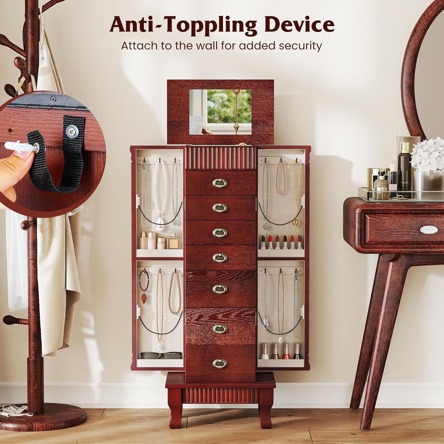 image:imageGiantex Standing Jewelry Cabinet with 7 Drawers FlipTop Mirror 2 Side Doors with 12 Necklace Hooks Divided Ring Compartments VelvetLined Jewelry Armoire Organizer Chest CherryCherry