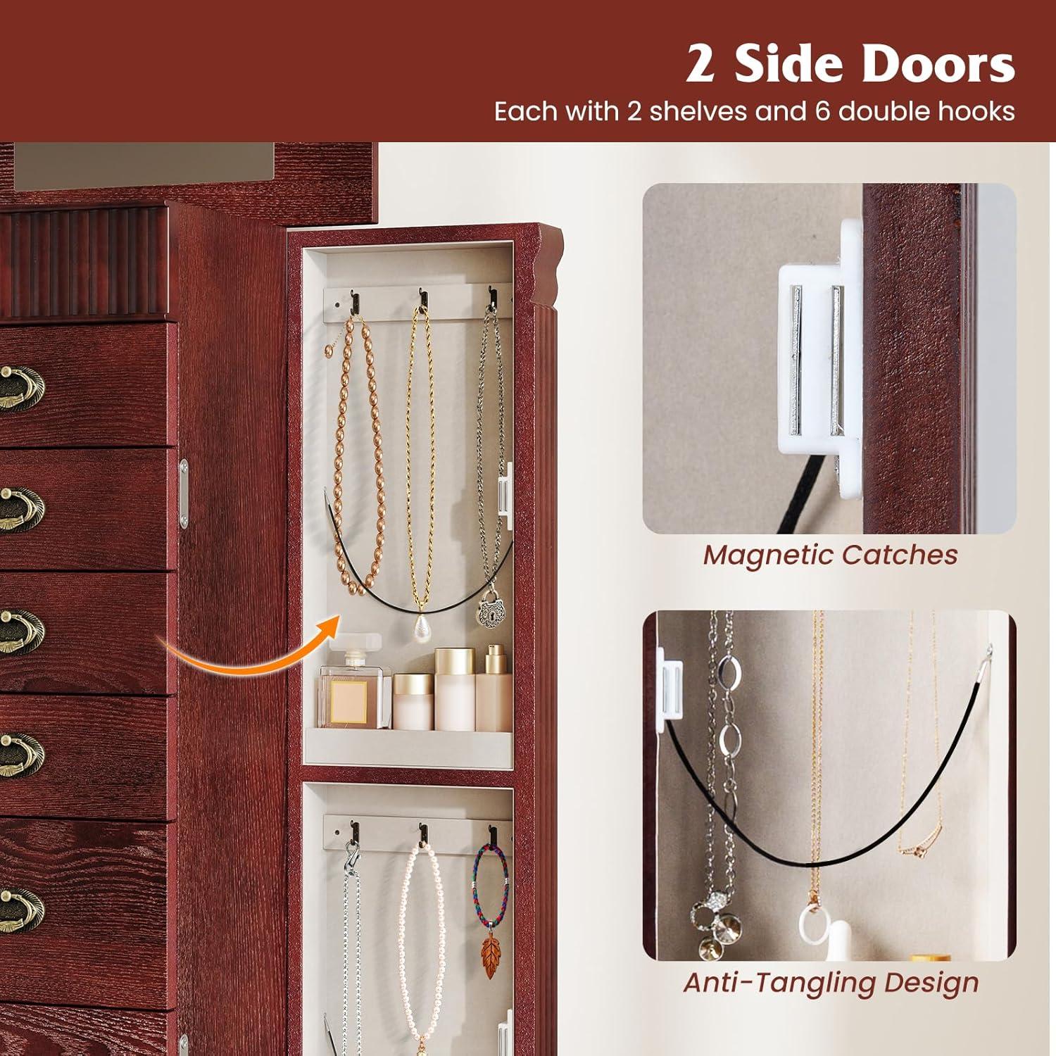 image:imageGiantex Standing Jewelry Cabinet with 7 Drawers FlipTop Mirror 2 Side Doors with 12 Necklace Hooks Divided Ring Compartments VelvetLined Jewelry Armoire Organizer Chest CherryCherry