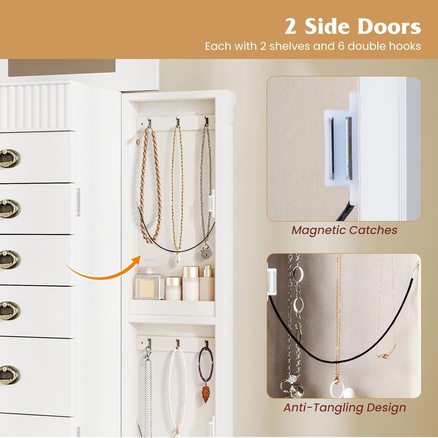 image:imageGiantex Standing Jewelry Cabinet with 7 Drawers FlipTop Mirror 2 Side Doors with 12 Necklace Hooks Divided Ring Compartments VelvetLined Jewelry Armoire Organizer Chest CherryWhite