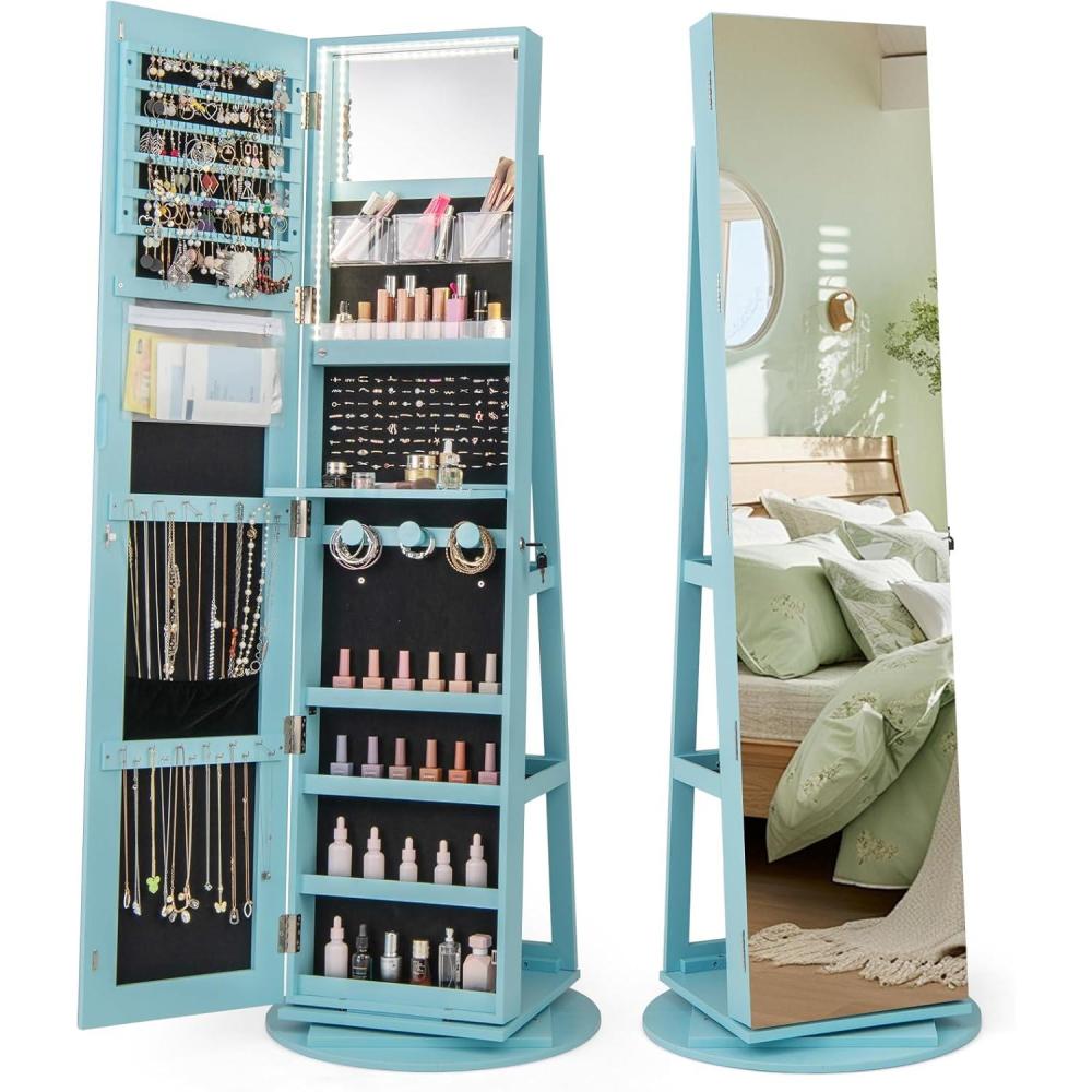 image:imageCHARMAID 360 Swivel Jewelry Armoire with Full Length Mirror Rear Storage Shelves Lockable Standing Jewelry Cabinet Organizer with Interior Vanity Mirror and 3Color Lights WhiteSky Blue