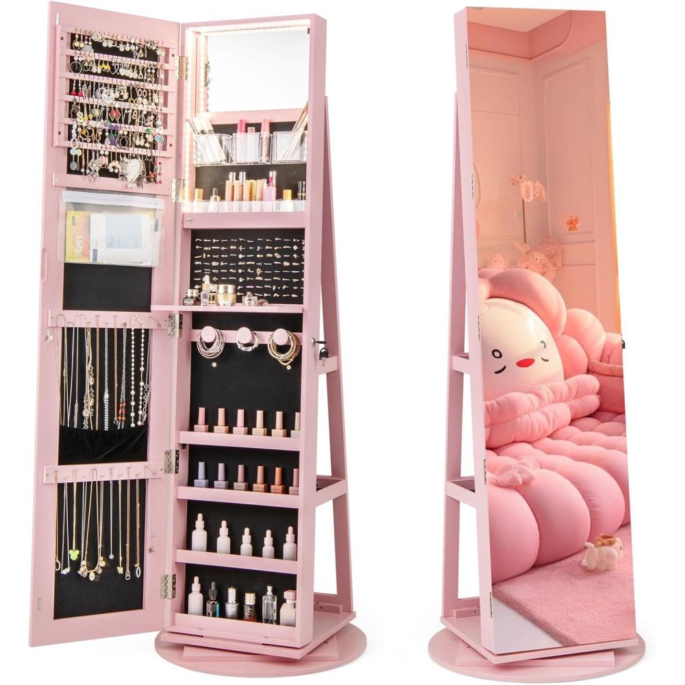 image:imageCHARMAID 360 Swivel Jewelry Armoire with Full Length Mirror Rear Storage Shelves Lockable Standing Jewelry Cabinet Organizer with Interior Vanity Mirror and 3Color Lights WhitePink