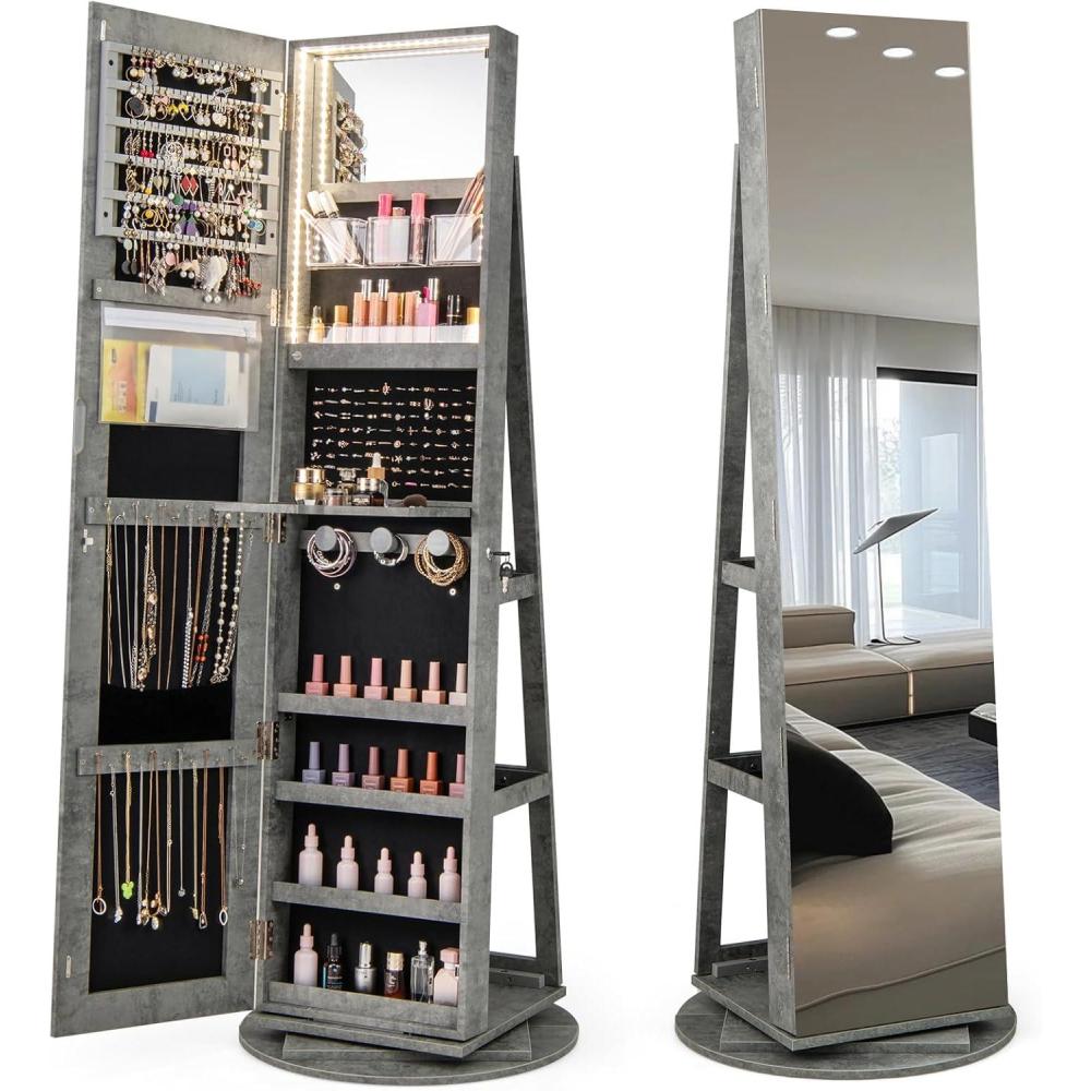 image:imageCHARMAID 360 Swivel Jewelry Armoire with Full Length Mirror Rear Storage Shelves Lockable Standing Jewelry Cabinet Organizer with Interior Vanity Mirror and 3Color Lights BlackStone Gray