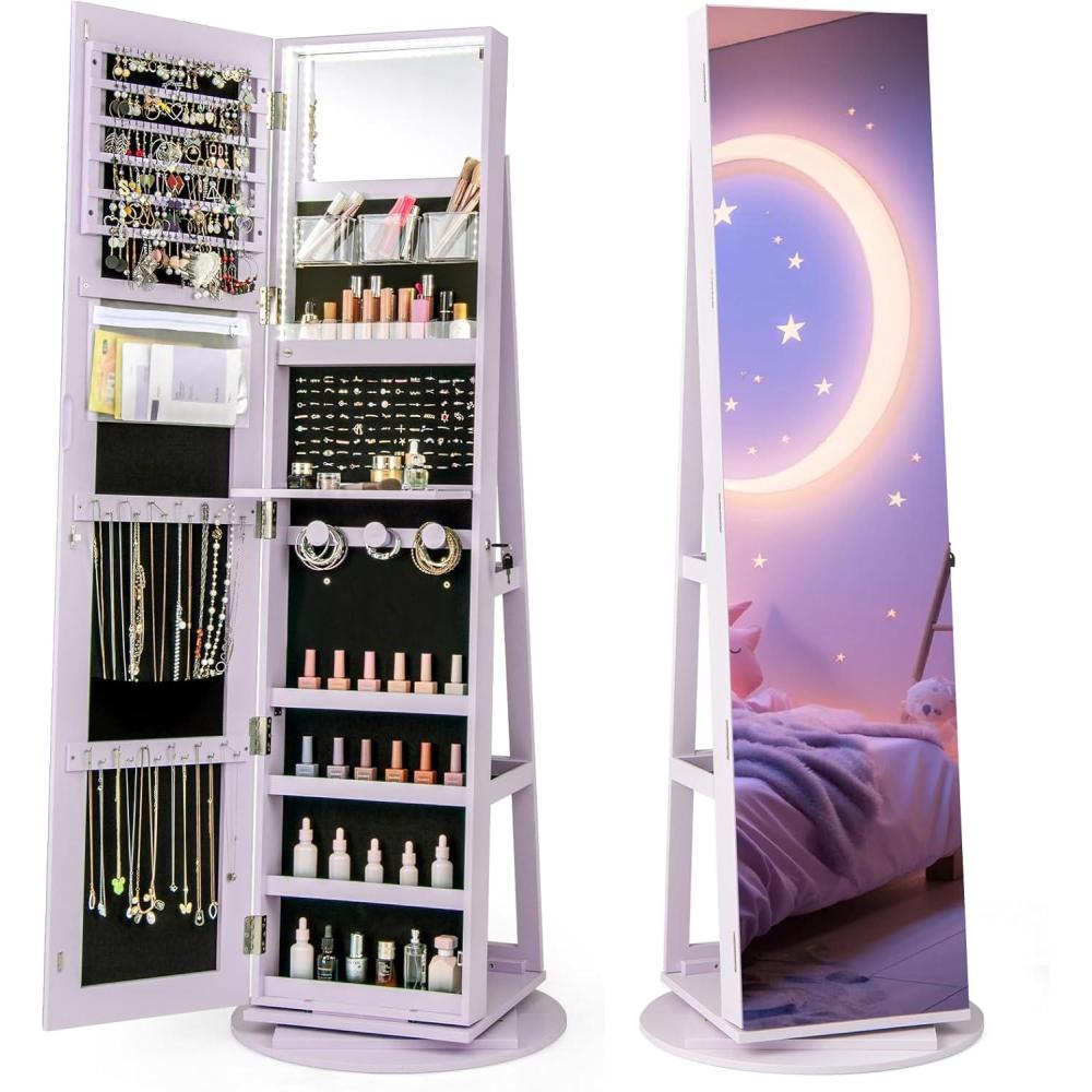 image:imageCHARMAID 360 Swivel Jewelry Armoire with Full Length Mirror Rear Storage Shelves Lockable Standing Jewelry Cabinet Organizer with Interior Vanity Mirror and 3Color Lights BlackLavender