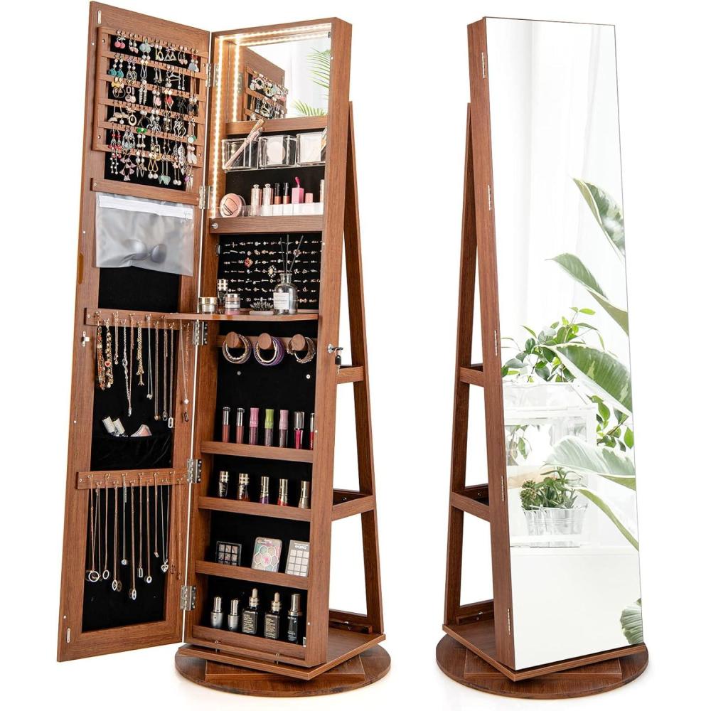 image:imageCHARMAID 360 Swivel Jewelry Armoire with Full Length Mirror Rear Storage Shelves Lockable Standing Jewelry Cabinet Organizer with Interior Vanity Mirror and 3Color Lights BlackWalnut