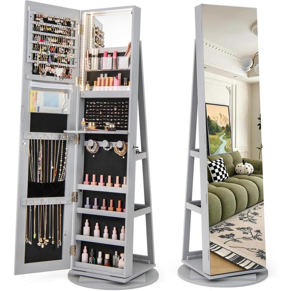 image:imageCHARMAID 360 Swivel Jewelry Armoire with Full Length Mirror Rear Storage Shelves Lockable Standing Jewelry Cabinet Organizer with Interior Vanity Mirror and 3Color Lights BlackGray
