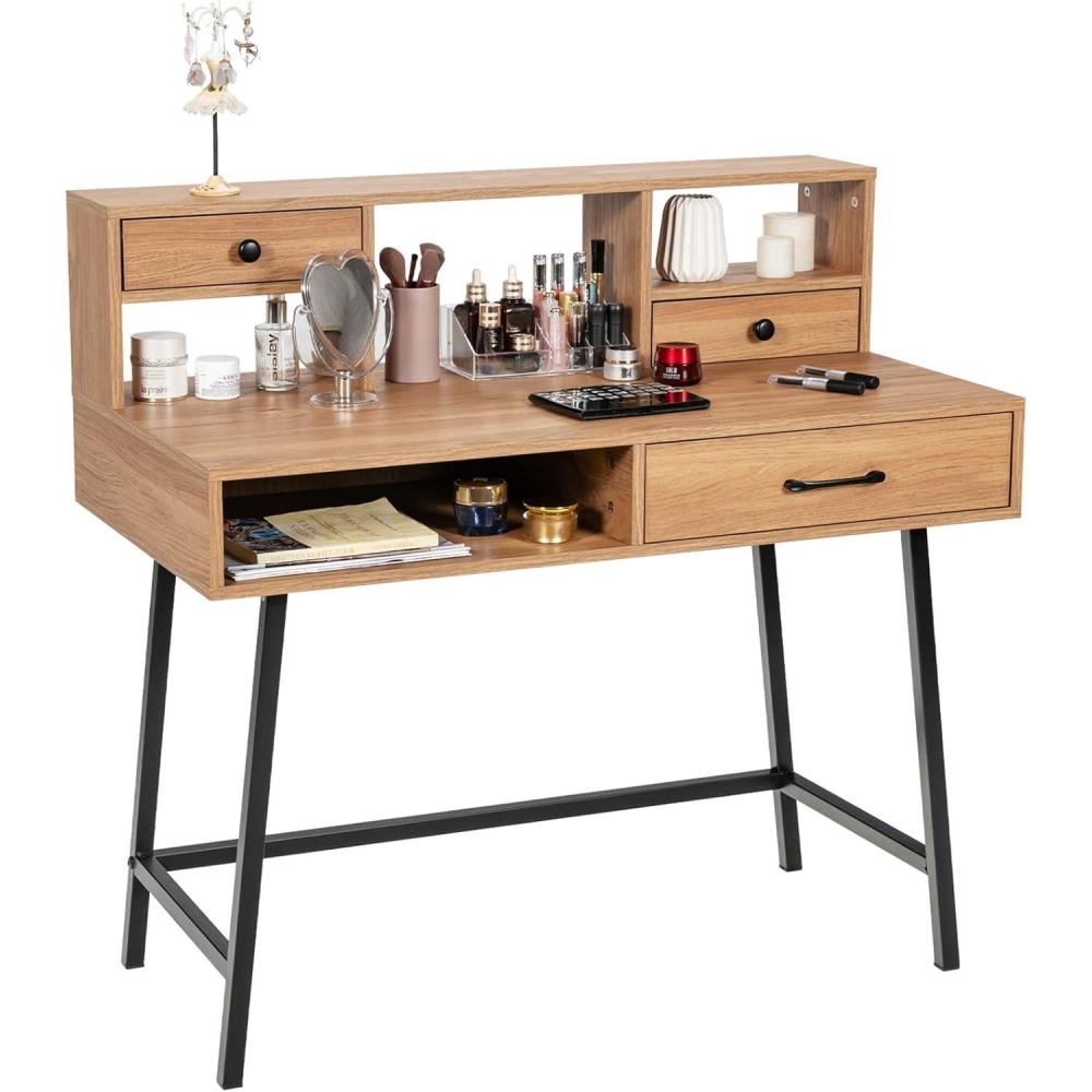 image:imageCHARMAID 42 Vanity Table with Large Drawer 2 Small Drawers Desktop Shelf Open Storage Space Sturdy Steel Legs Modern Writing Desk with Top Hutch for Bedroom Home Office