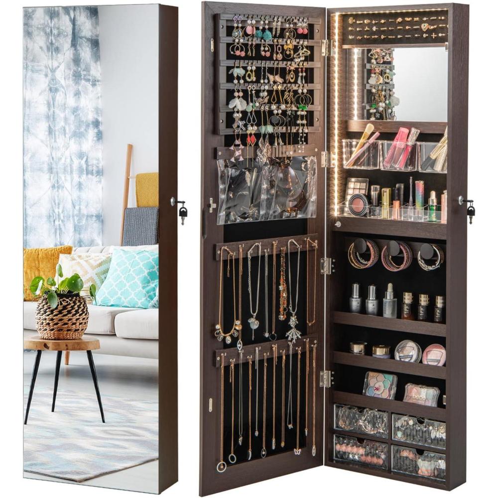 image:imageCHARMAID Jewelry Armoire Cabinet Wall Door Mounted 3 Colors LED Light Strip 472H Full Length Mirror Brush and Lipstick Storage Lockable Jewelry Organizer Box with 4 Drawers Brown