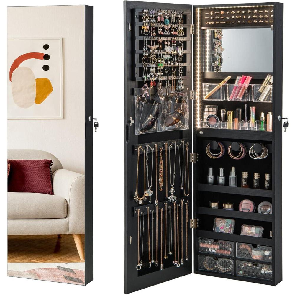 image:imageCHARMAID Jewelry Armoire Cabinet Wall Door Mounted 3 Colors LED Light Strip 472H Full Length Mirror Brush and Lipstick Storage Lockable Jewelry Organizer Box with 4 Drawers Black