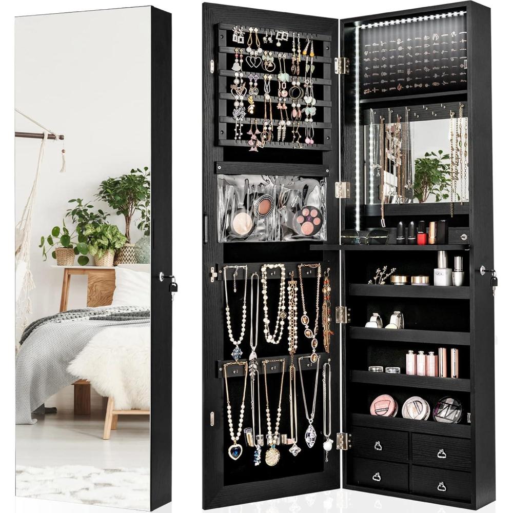 image:imageCHARMAID LED Strip Jewelry Armoire with 472 H Full Length Mirror WallDoor Mounted Jewelry Organizer with Builtin Mirror Flipover Cosmetic Tray 4 Drawers Large Storage Jewelry Cabinet BlackBlack