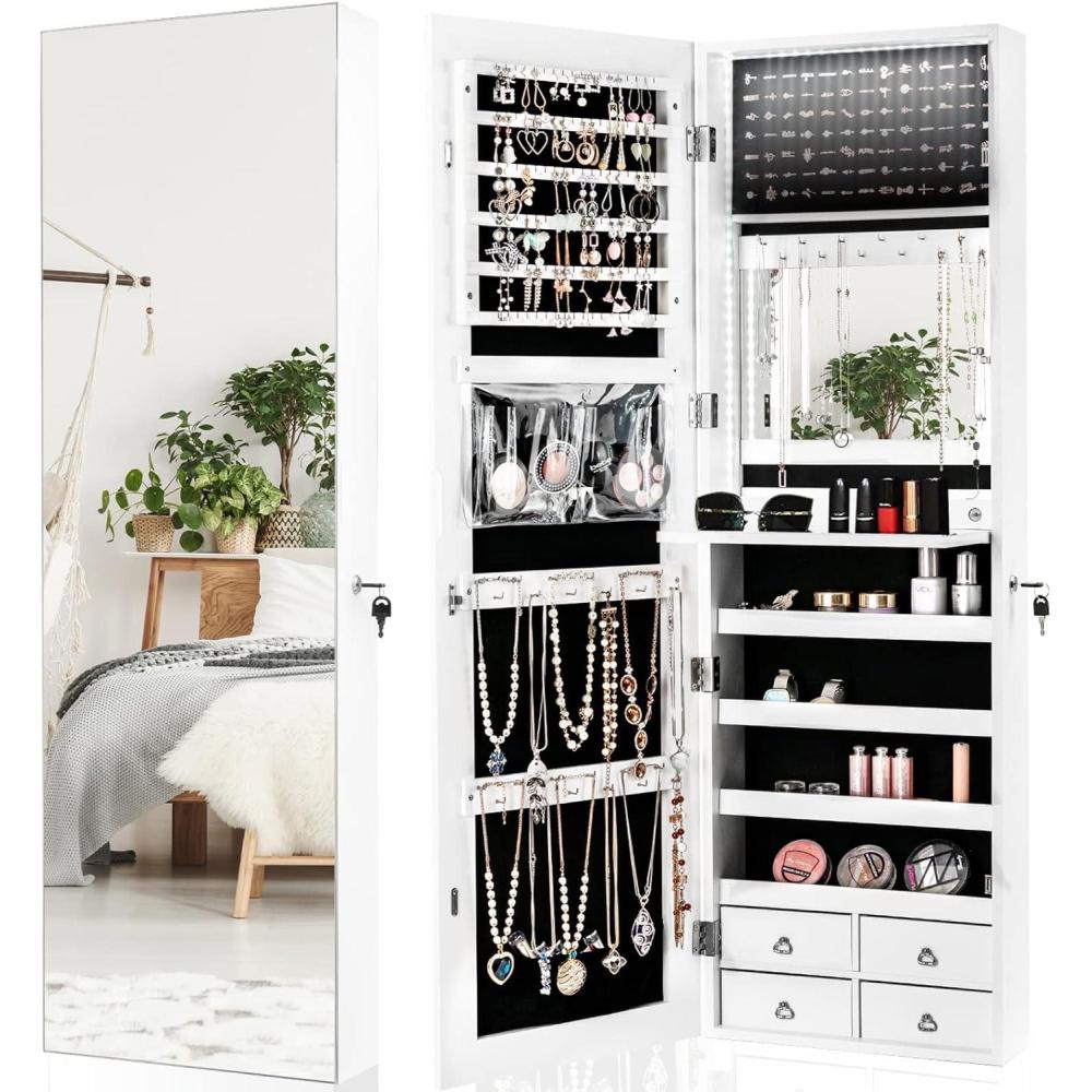image:imageCHARMAID LED Strip Jewelry Armoire with 472 H Full Length Mirror WallDoor Mounted Jewelry Organizer with Builtin Mirror Flipover Cosmetic Tray 4 Drawers Large Storage Jewelry Cabinet BlackWhite