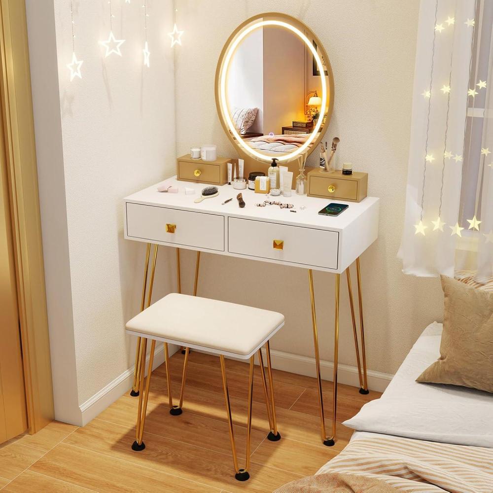 image:imageCHARMAID Makeup Vanity Table with Lighted Mirror 3 Lighting Sets Adjustable Brightness 2 Large Drawers Acrylic Storage Boxes Girls Bedroom Dressing Table Vanity Set with Stool Rustic BrownWhite
