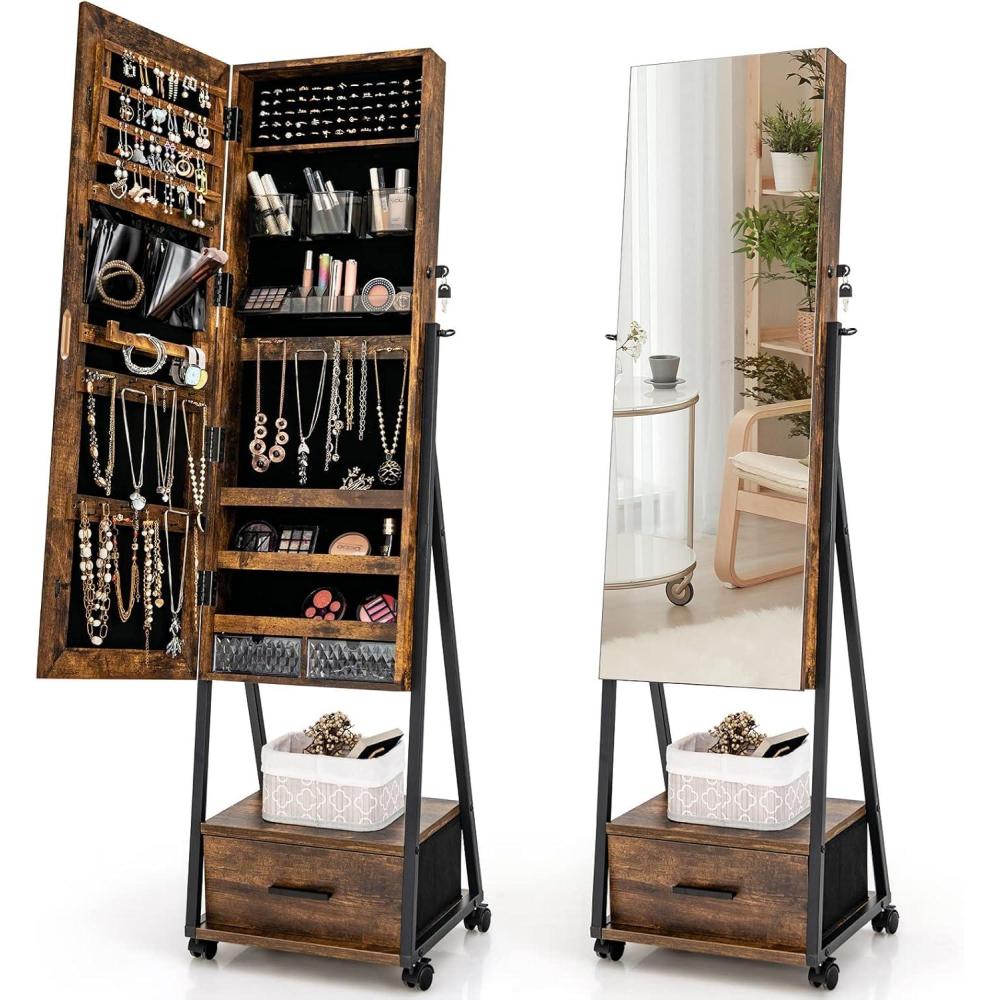 image:imageCHARMAID Rolling Jewelry Cabinet with Full Length Mirror Lockable Standing Jewelry Armoire with Wheels Steel Legs Lipstick Brush Storage Jewelry Organizer Box with Drawers Rustic BrownRustic Brown