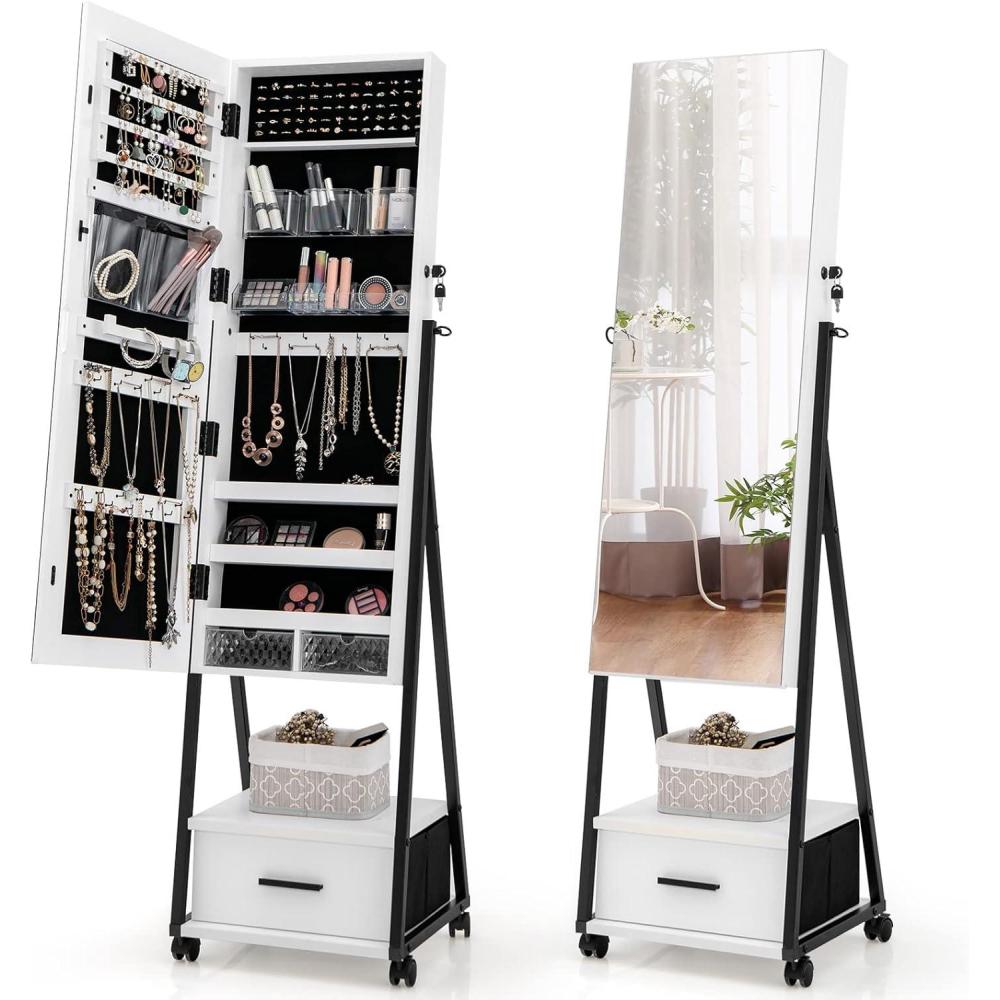 image:imageCHARMAID Rolling Jewelry Cabinet with Full Length Mirror Lockable Standing Jewelry Armoire with Wheels Steel Legs Lipstick Brush Storage Jewelry Organizer Box with Drawers Rustic BrownWhite