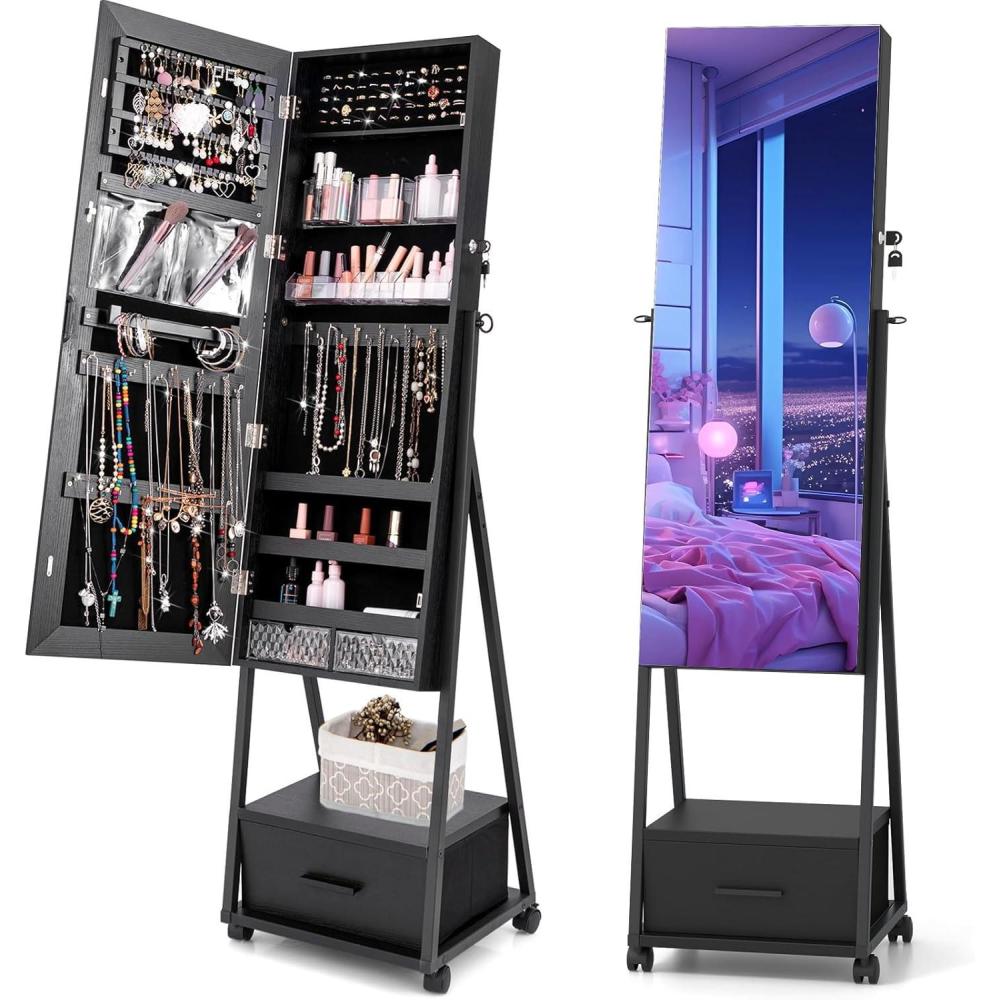 image:imageCHARMAID Rolling Jewelry Cabinet with Full Length Mirror Lockable Standing Jewelry Armoire with Wheels Steel Legs Lipstick Brush Storage Jewelry Organizer Box with Drawers Rustic BrownBlack
