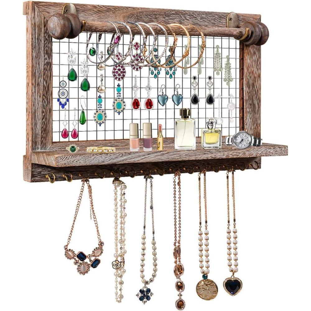image:imageCHARMAID Rustic Jewelry Organizer Wall Mounted Wooden Wall Mount Jewelry Holder Display with Bracelet Rod for Earrings Necklaces and Many Other Accessories Wall Hanging Jewelry Organizers