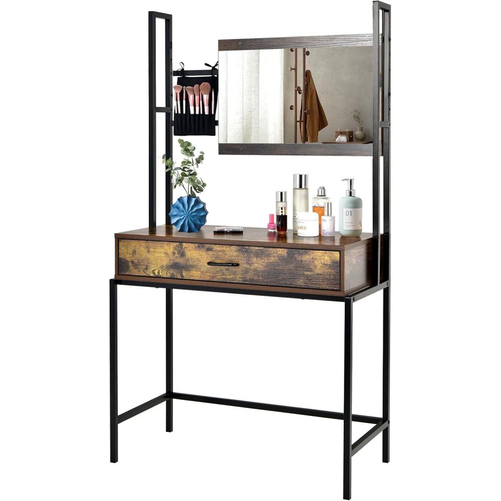 image:imageCHARMAID Rustic Vanity Table with 3Height Adjustable Left or Right Mirror Large Drawer Cosmetic Brush Storage Bag Included Sturdy Metal Frame Industrial Style Makeup Dressing Table Writing Desk