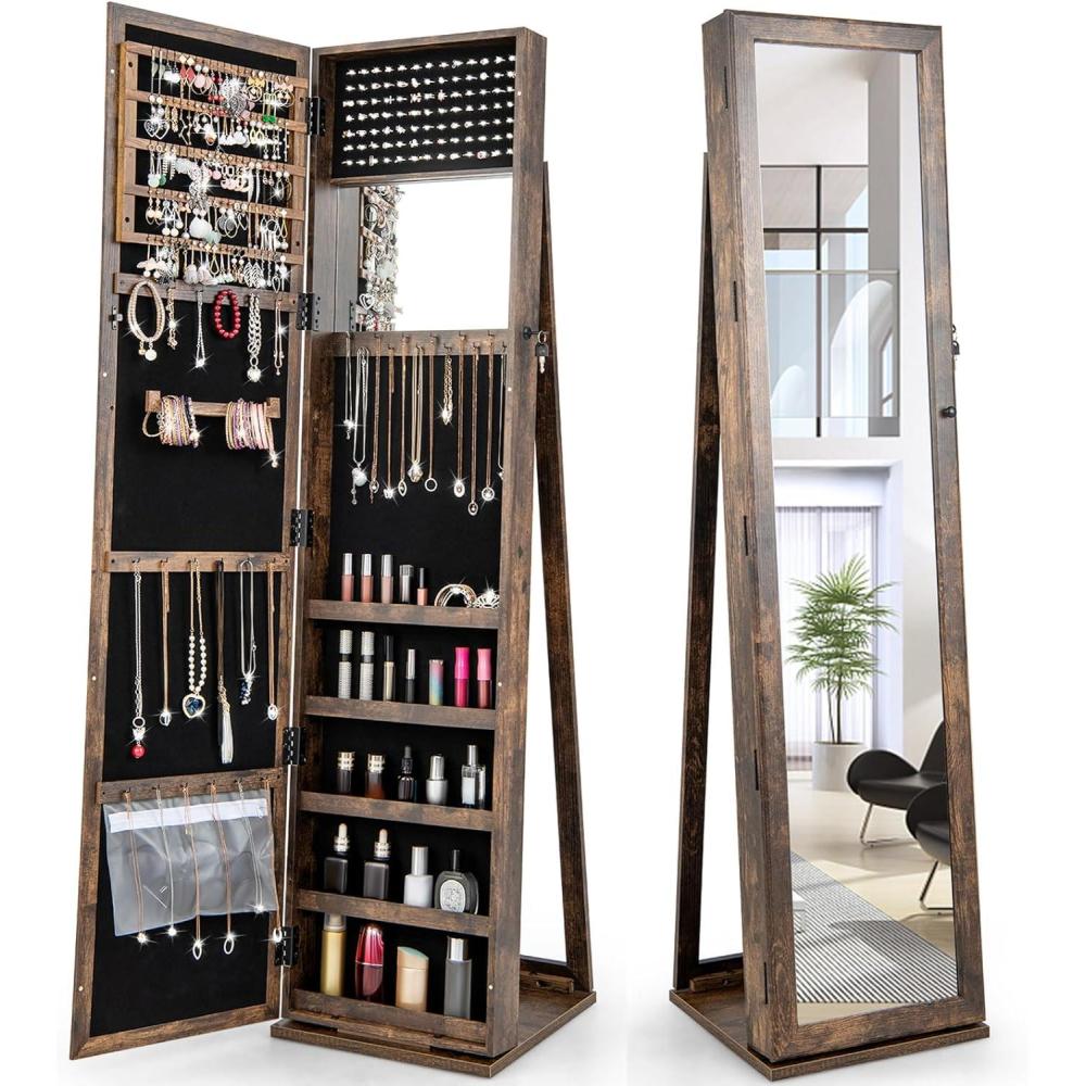 image:imageCHARMAID Standing Jewelry Armoire with Tall Full Length Mirror 2in1 Lockable Jewelry Cabinet Organizer with Large Storage Capacity Inside Makeup Mirror Stable Base Easy Assembly WhiteRustic Brown