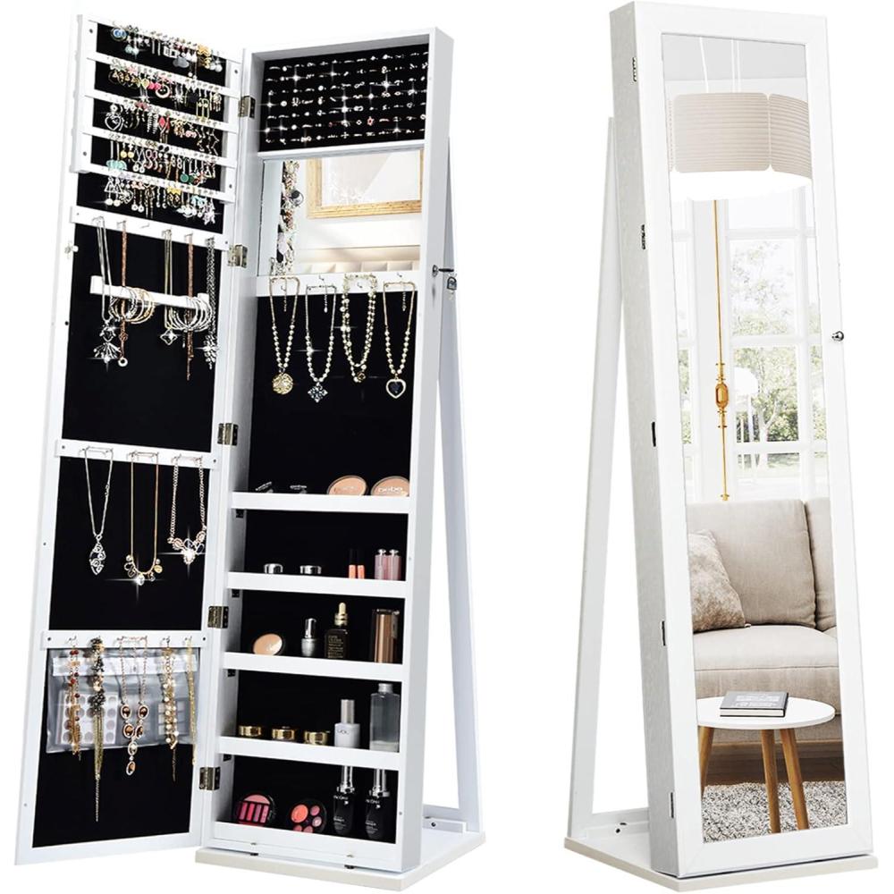 image:imageCHARMAID Standing Jewelry Armoire with Tall Full Length Mirror 2in1 Lockable Jewelry Cabinet Organizer with Large Storage Capacity Inside Makeup Mirror Stable Base Easy Assembly WhiteWhite