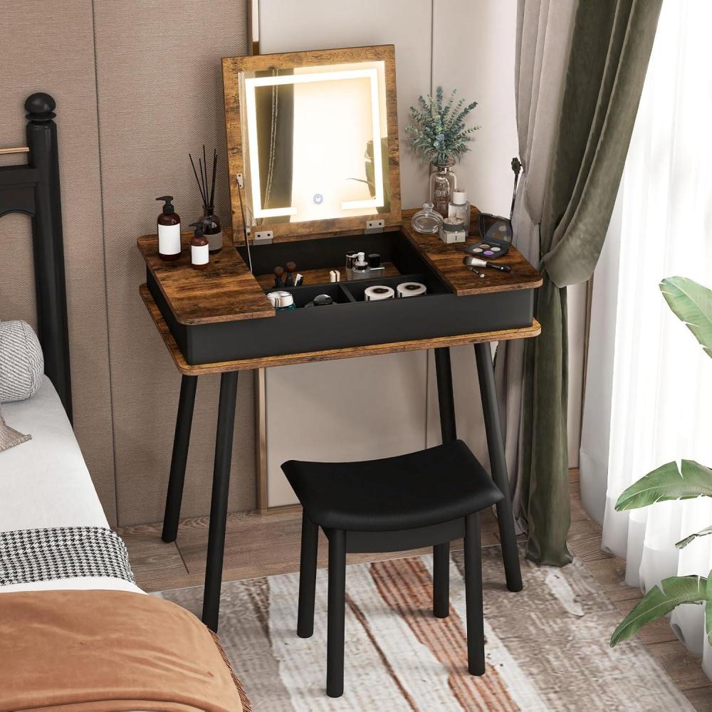 image:imageCHARMAID Vanity Desk with 3Color Lighted Flip Top Mirror 7 Storage Compartments Side Organizers USB Port Makeup Dressing Table Set Writing Desk with Cushioned Stool Easy Assembly Rustic Brown