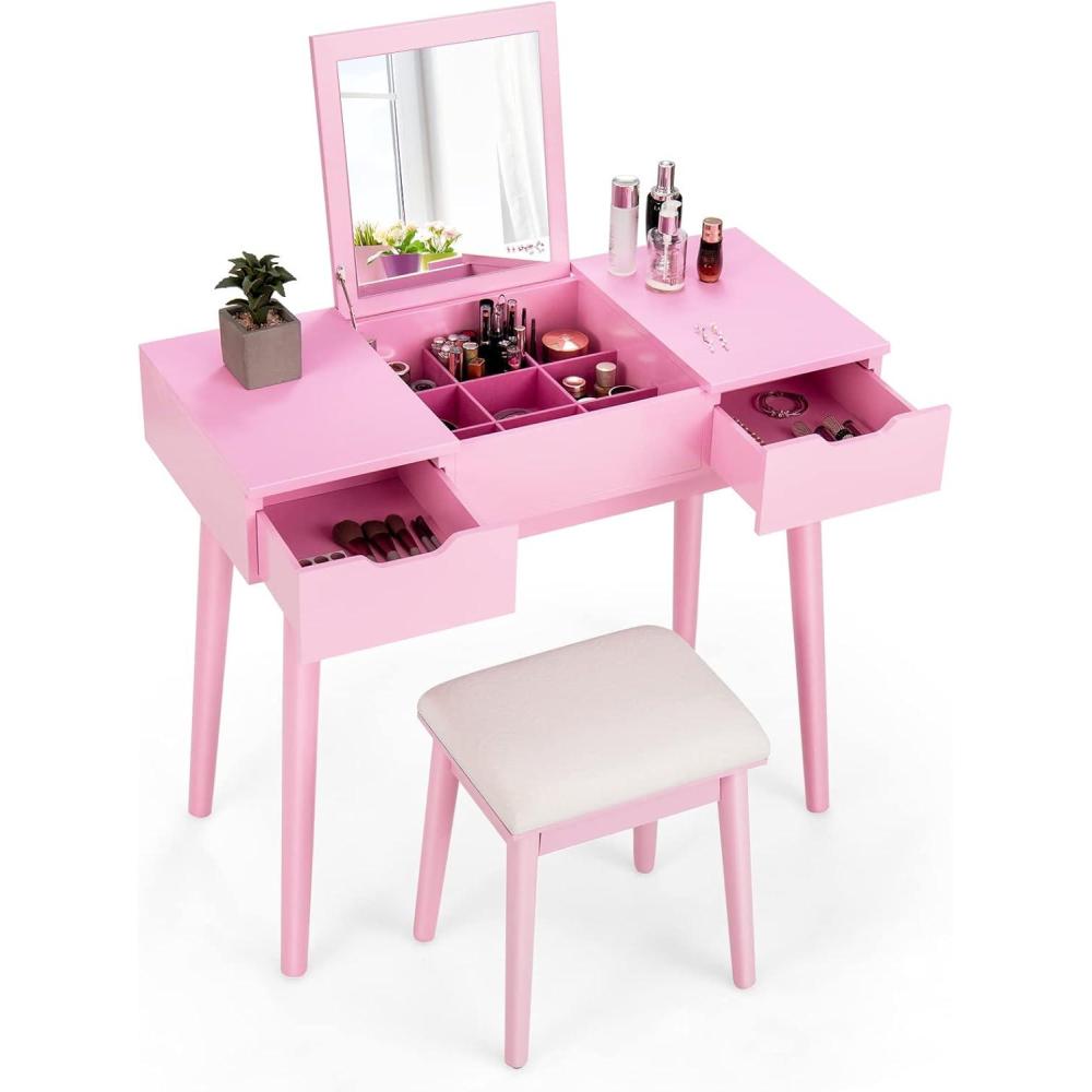 image:imageCHARMAID Vanity Set with Flip Top Mirror 2 Drawers and 9 Storage Compartments Removable Dividers Cushioned Stool Writing Desk Makeup Dressing Table for Kids Girls Women Easy Assembly PinkPink