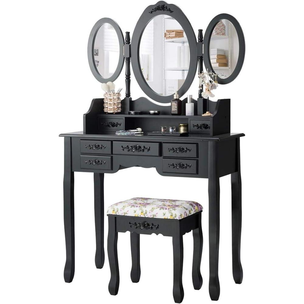 image:imageCHARMAID Vanity Set with TriFolding Mirror and Cushioned Stool Dressing Table with 7 Drawers and a Shelf Makeup Table Writing Desk with Removable Top Makeup Vanity Set for Women Girls Black