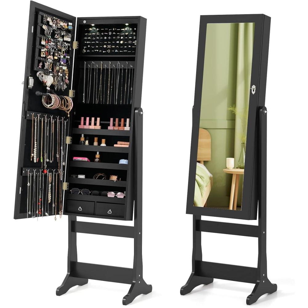 image:imageGiantex 2 LEDs Standing Jewelry Cabinet with Full Length Mirror Lockable Mirrored Jewelry Armoire with 2 Drawers 4 Adjustable Angles Jewelry Storage Organizer BrownBlack