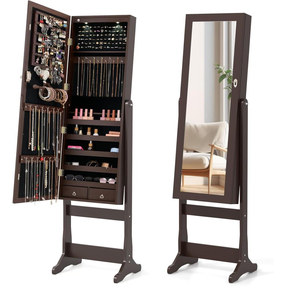 image:imageGiantex 2 LEDs Standing Jewelry Cabinet with Full Length Mirror Lockable Mirrored Jewelry Armoire with 2 Drawers 4 Adjustable Angles Jewelry Storage Organizer BrownBrown