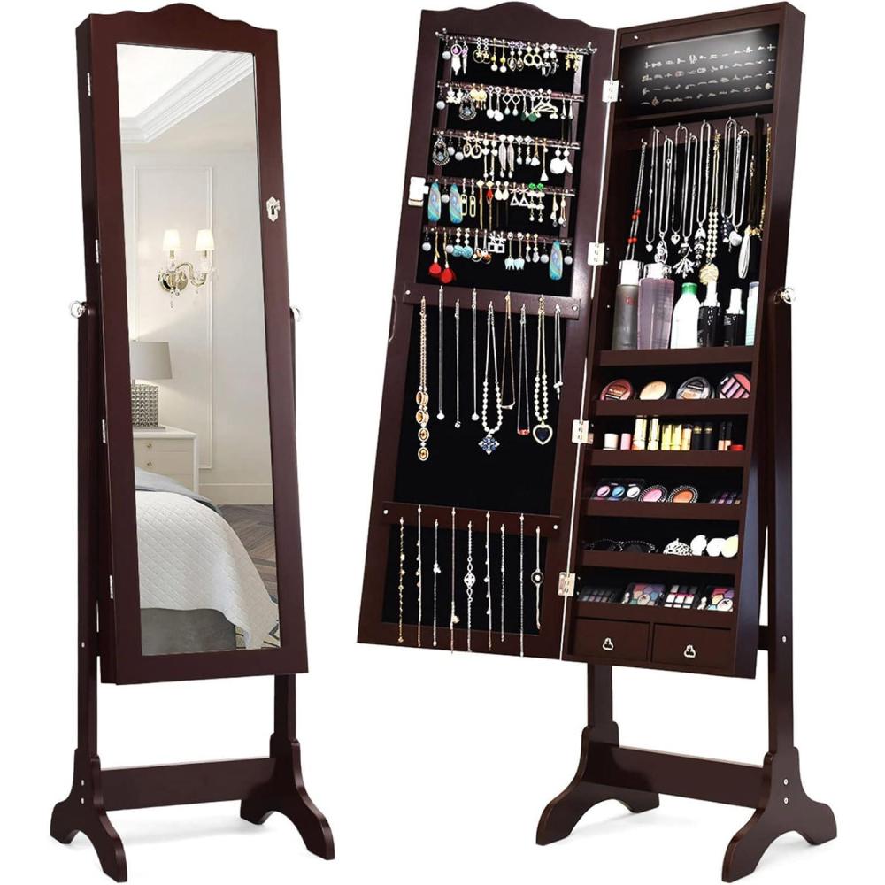 image:imageGiantex Jewelry Armoire Organizer with Full Length Mirror 14 LEDs Floor Standing Jewelry Cabinet with 2 Drawers 4 Adjustable Angles Lockable Jewelry Storage Box Cabinet BrownBrown