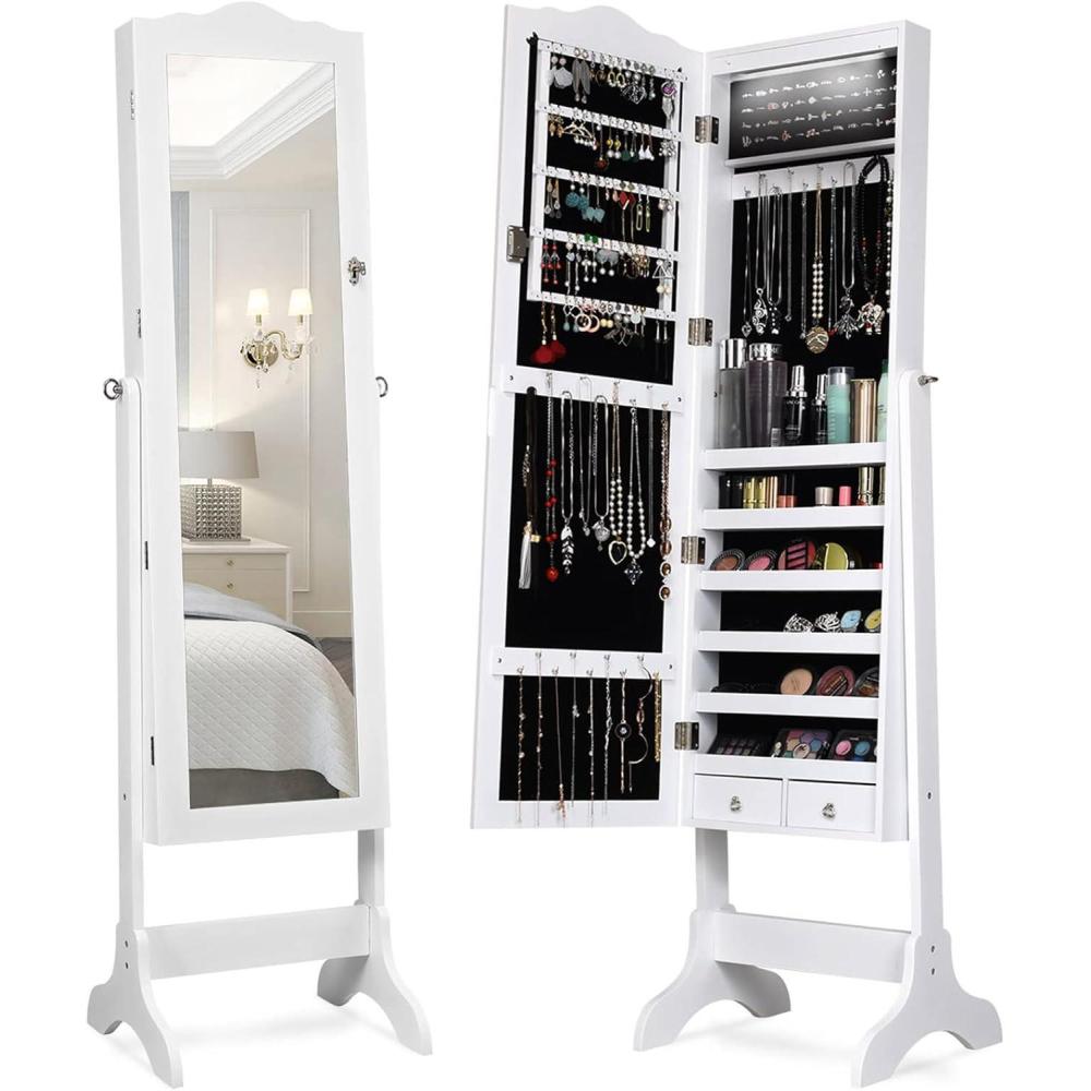 image:imageGiantex Jewelry Armoire Organizer with Full Length Mirror 14 LEDs Floor Standing Jewelry Cabinet with 2 Drawers 4 Adjustable Angles Lockable Jewelry Storage Box Cabinet BrownWhite