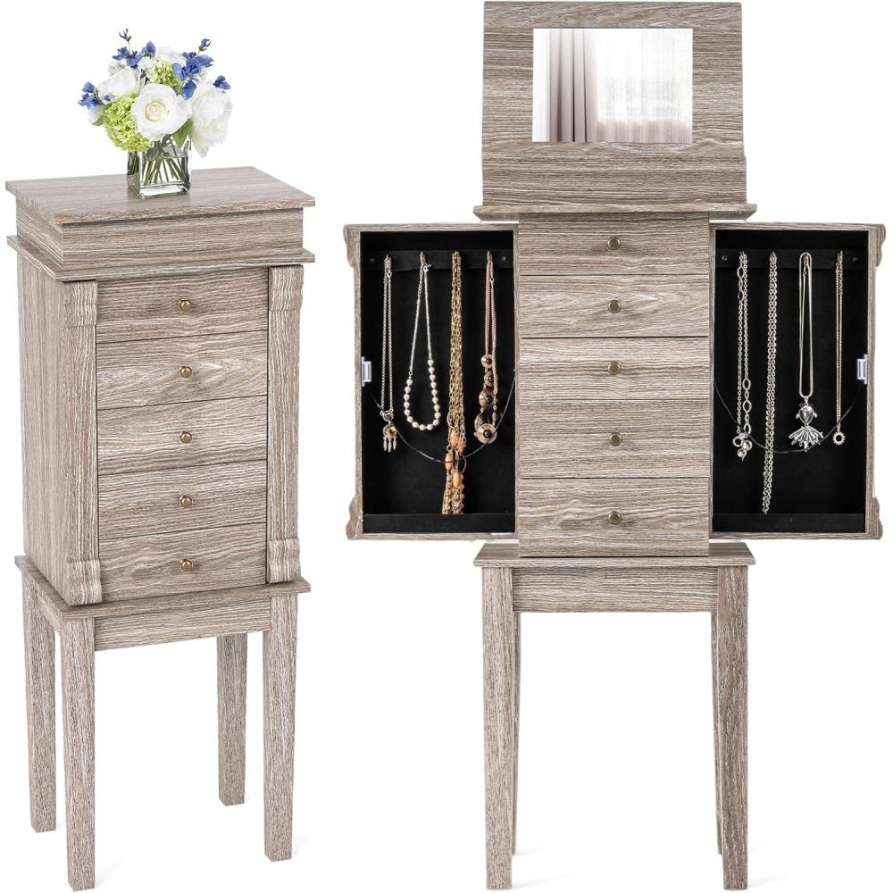 image:imageGiantex Jewelry Cabinet Armoire with Flip Top Mirror 5 Drawers amp Swing Doors SpaceSaving Jewelry Organizer for Necklaces Rings Bracelets Watches Velvet Lined Light Gray OakLight Gray Oak