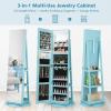 CHARMAID 360° Swivel Jewelry Armoire with Full Length Mirror, Rear Storage Shelves, Lockable Standing Jewelry Cabinet Organizer with Interior Vanity Mirror and 3-Color Lights (White)(Sky Blue)