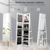 CHARMAID 360° Swivel Jewelry Armoire with Full Length Mirror, Rear Storage Shelves, Lockable Standing Jewelry Cabinet Organizer with Interior Vanity Mirror and 3-Color Lights (White)(White)