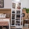 CHARMAID 360° Swivel Jewelry Armoire with Full Length Mirror, Rear Storage Shelves, Lockable Standing Jewelry Cabinet Organizer with Interior Vanity Mirror and 3-Color Lights (White)(White)