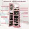 CHARMAID 360° Swivel Jewelry Armoire with Full Length Mirror, Rear Storage Shelves, Lockable Standing Jewelry Cabinet Organizer with Interior Vanity Mirror and 3-Color Lights (White)(Pink)
